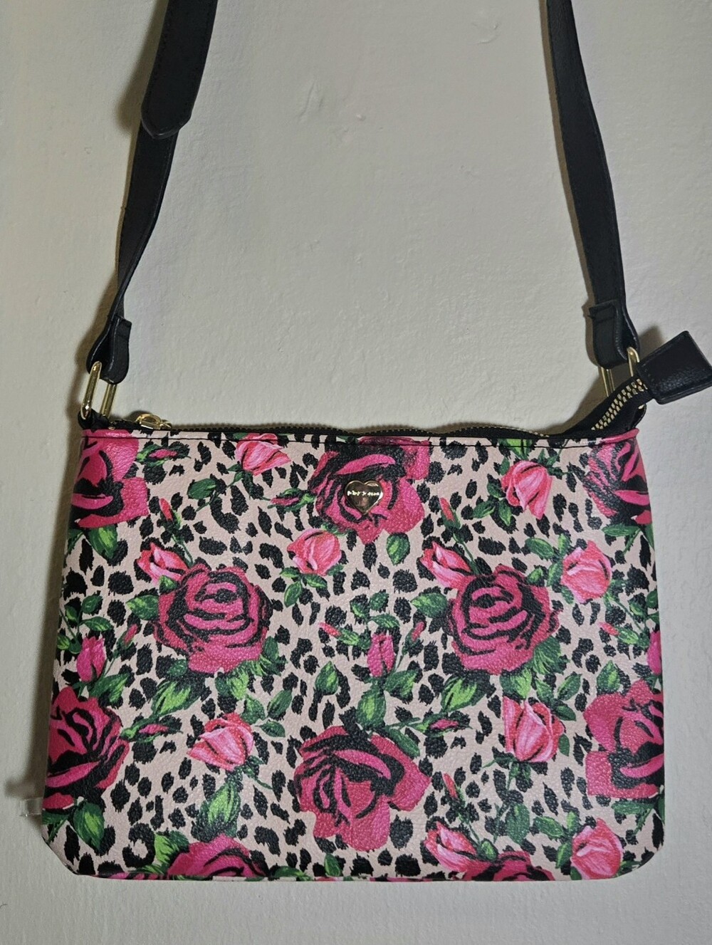 Betsey Johnson Kitsch Crossbody Bag Leopard Rose McBling Indie Sleaze Bone Zip